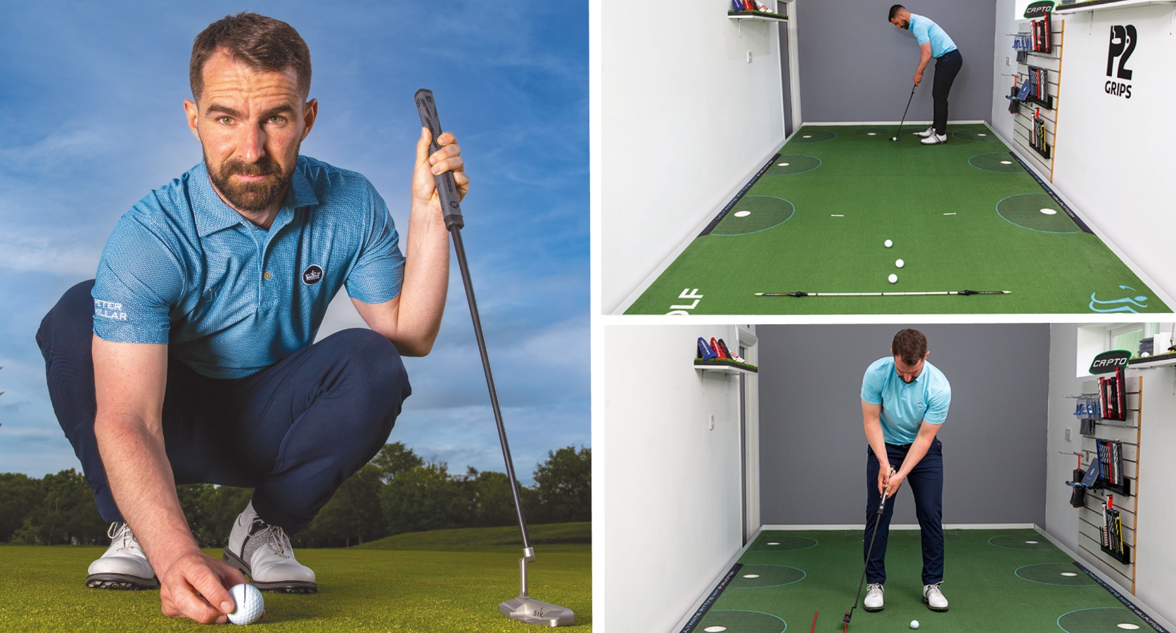 Close-up of start line putting drill with alignment stick